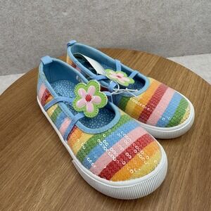Jumping Beans Mary Jane Shoes Girls Toddler Size 9 Rainbow Sequin Floral Stripe